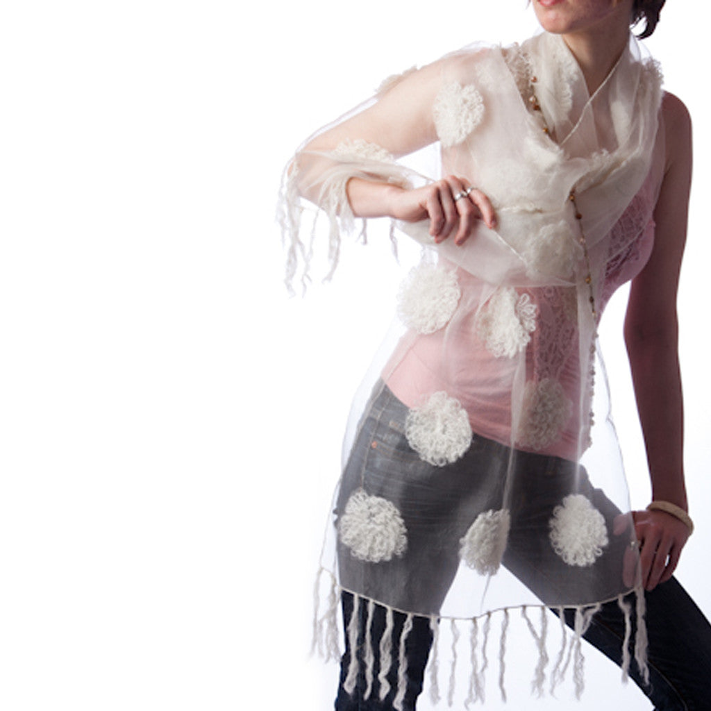 Mogra White Silk Scarf with wool floral flowers - Shubrah