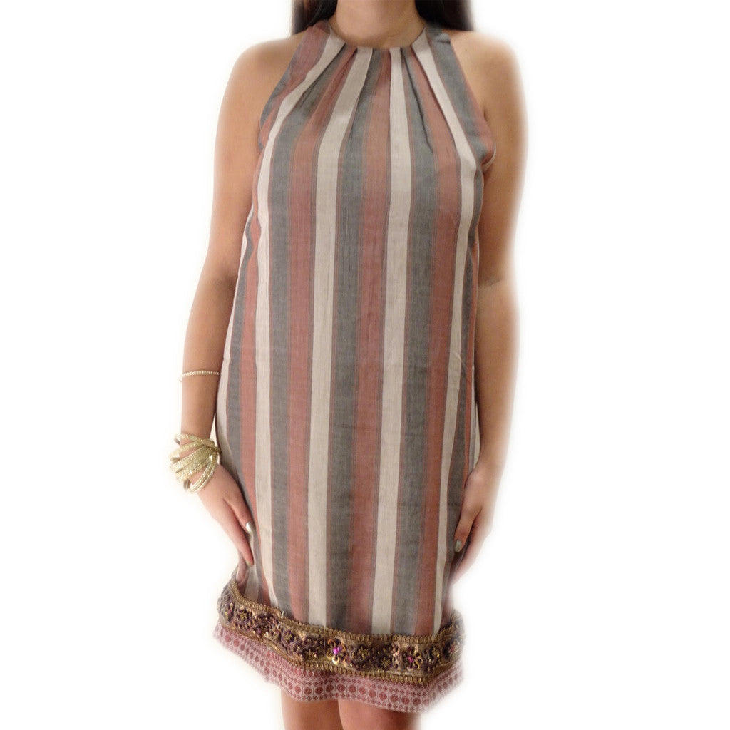 Sand Stone Stripe Pleated Neck Sleeveless Dress - Shubrah