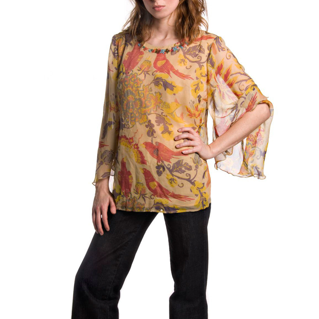 Spice Route Yellow Printed & Embroidered Silk Tunic - Shubrah