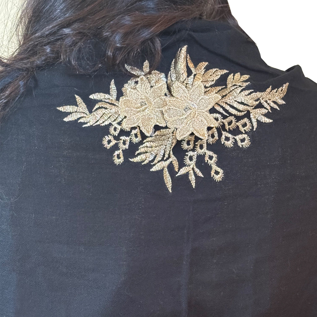 Bombay Nights- Pashmina/Cashmere Stole with gold applique beaded lace - Shubrah