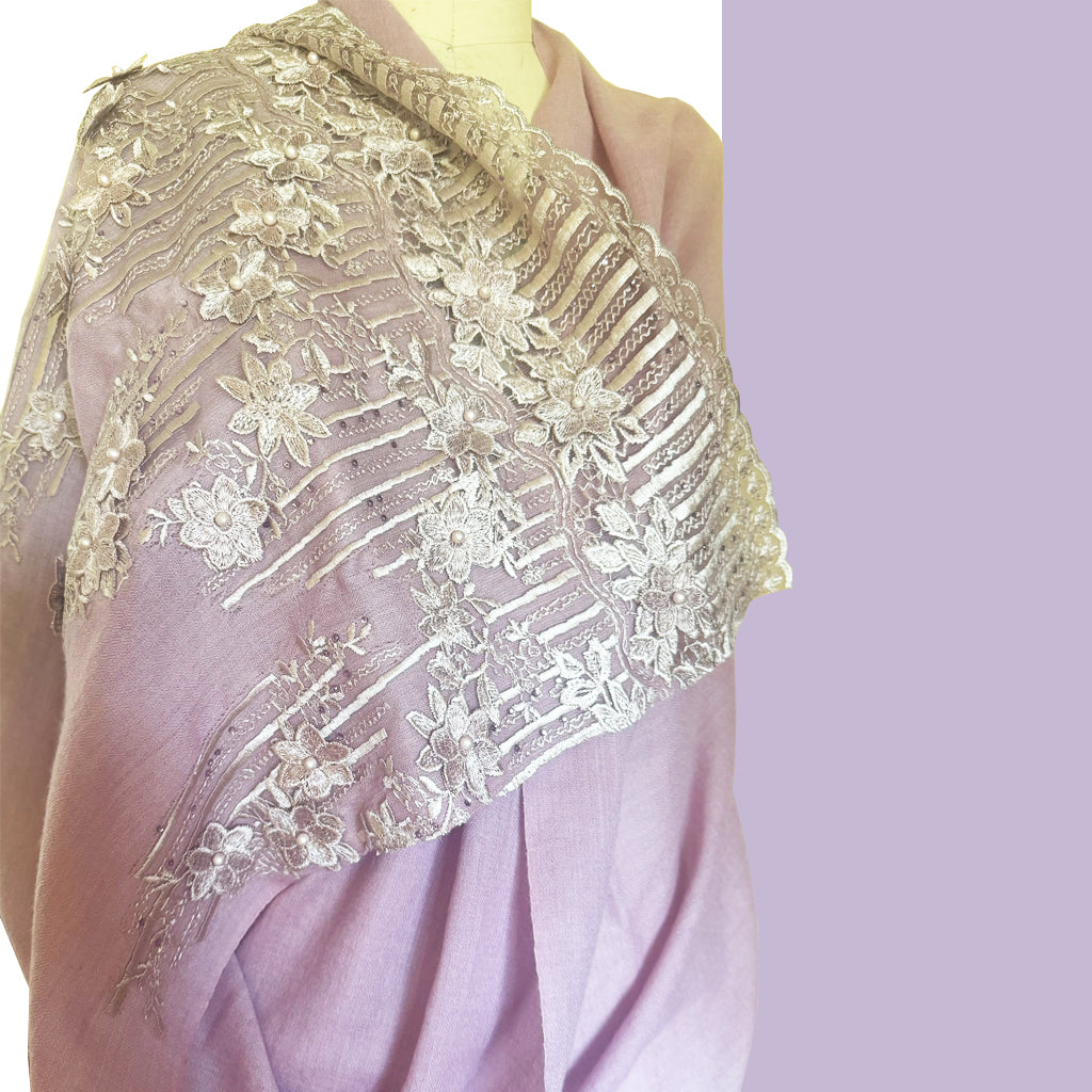 Jaipur Joy - Pink cashmere Stole with Beaded Lace - Shubrah
