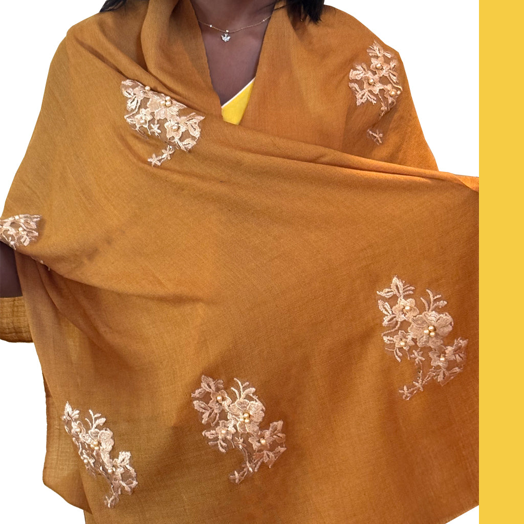 Malabar Turmeric- Pashmina/Cashmere Stole with Gold lace appliques with beading - Shubrah