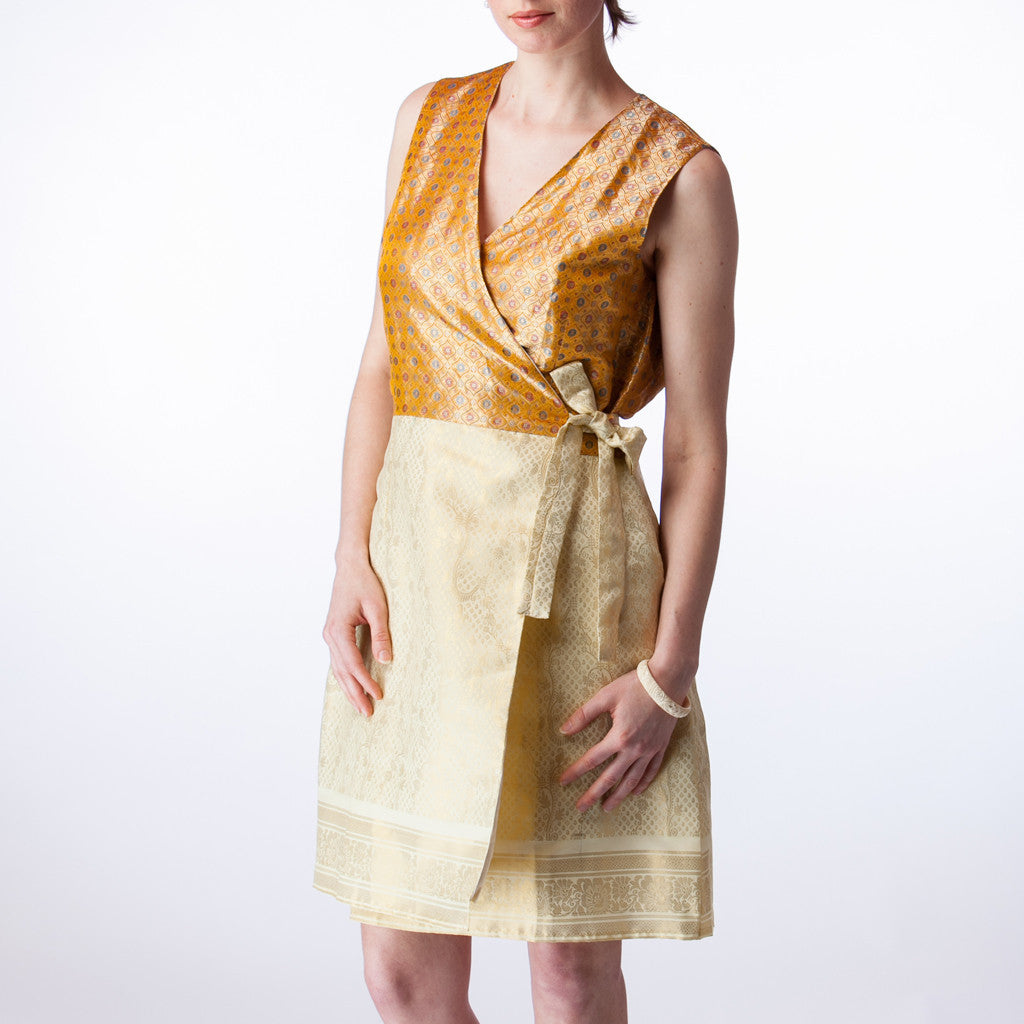 Cream Brocade and Gold Silk Wrap Bridesmaids Dress - Shubrah
