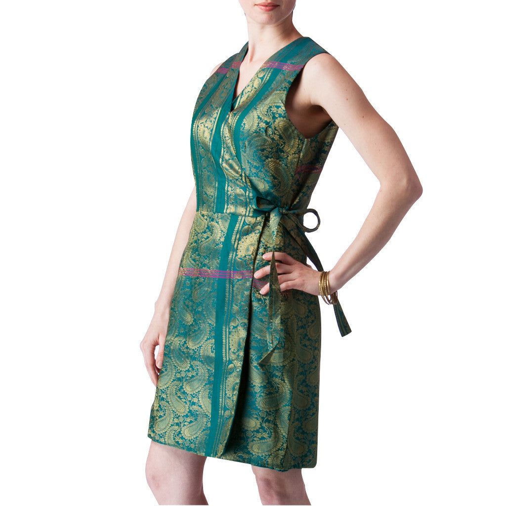 Emerald Green Upcycled Sari Silk Wrap Bridesmaids Dress - Shubrah