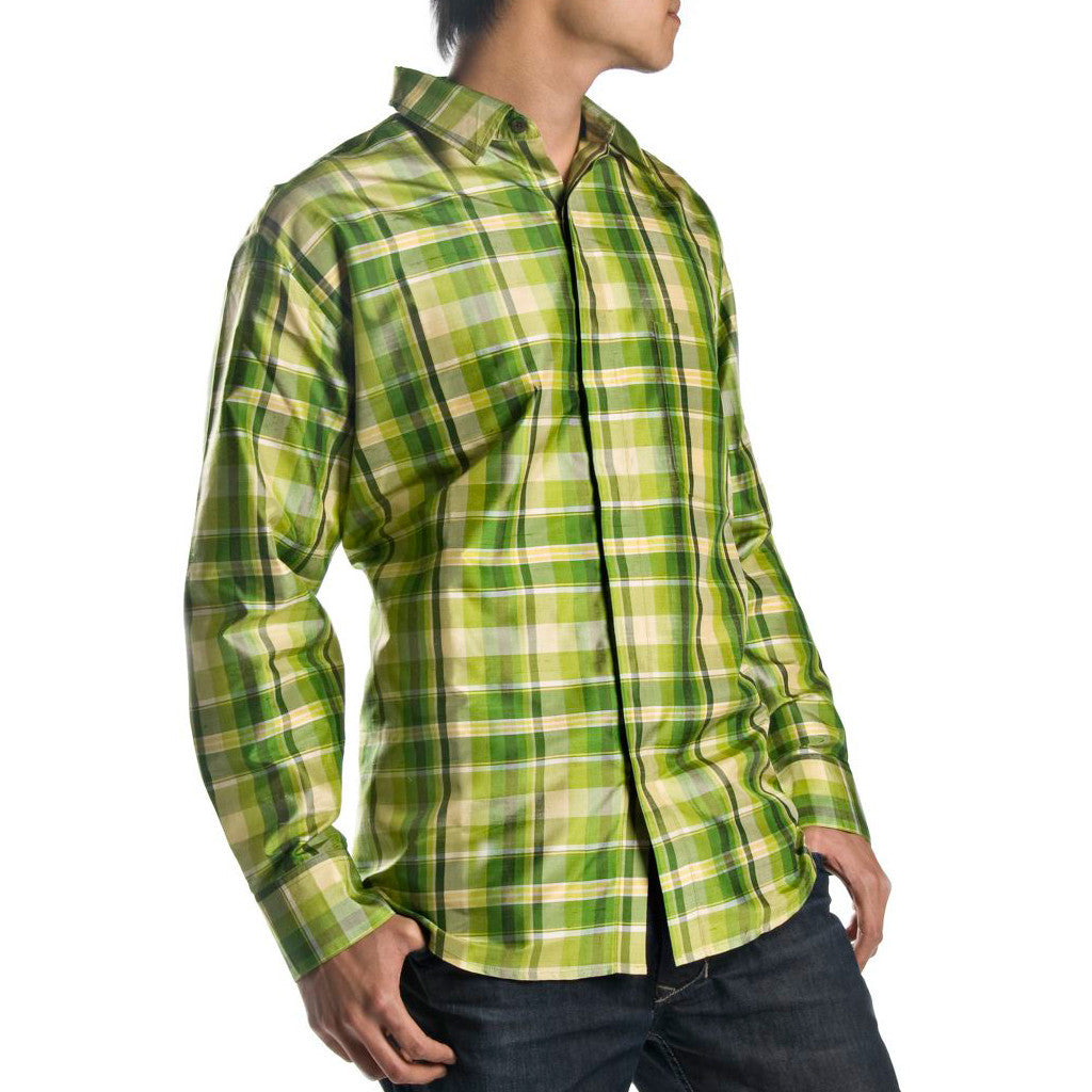 Hera Green Plaid Mens Silk Shirt - Shubrah Hera Green Plaid Mens Silk Shirt - Shubrah