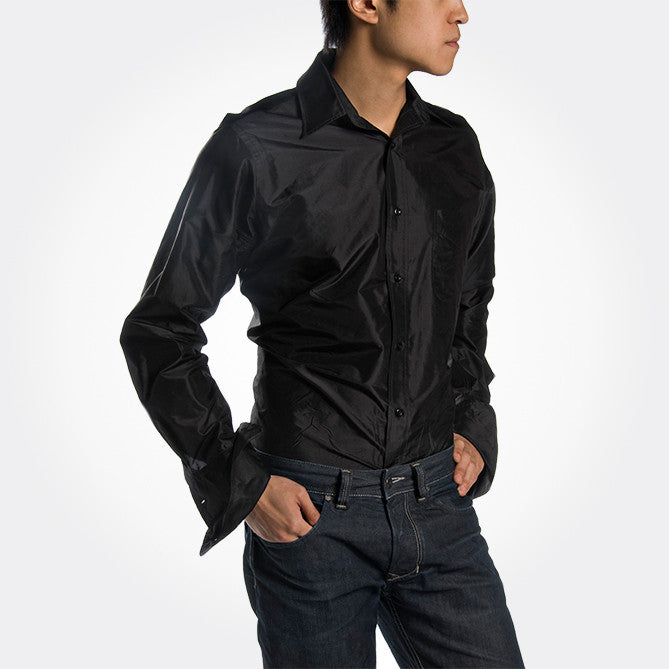Indo-French Cuff Black Silk Men's Shirt - Shubrah Indo-French Cuff Black Silk Men's Shirt - Shubrah