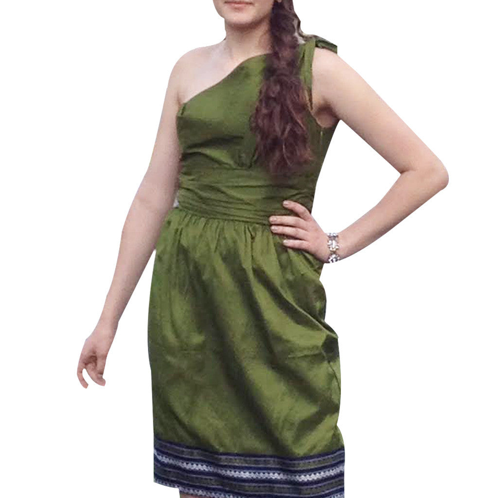 Olive Green and Blue Border Upcycled Silk Sari Dress - Shubrah