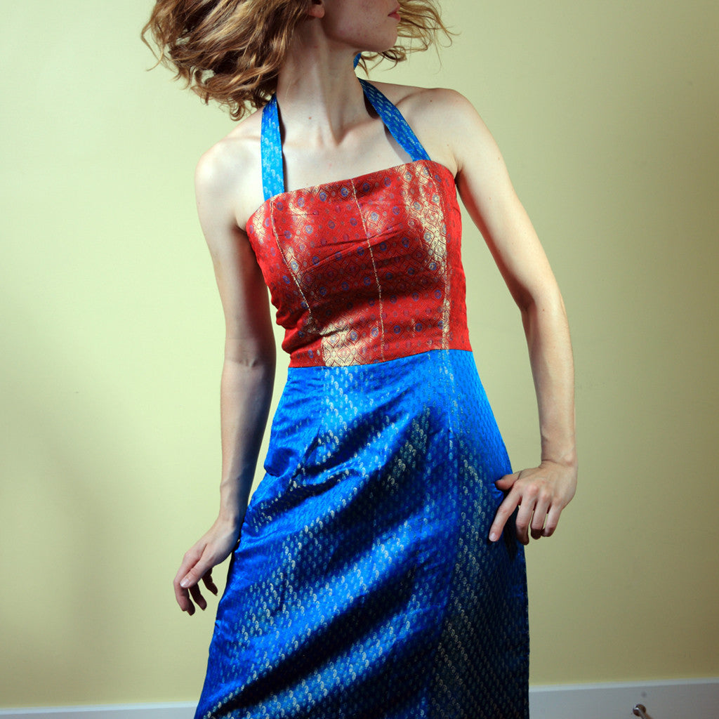 Red & Blue Halter Silk Brocade Bridesmaids Dress - Shubrah