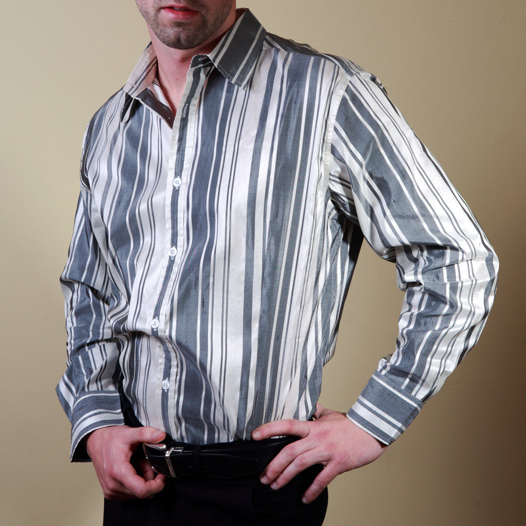 Taj Mahal White and Black Striped Mens Silk Shirt - Shubrah