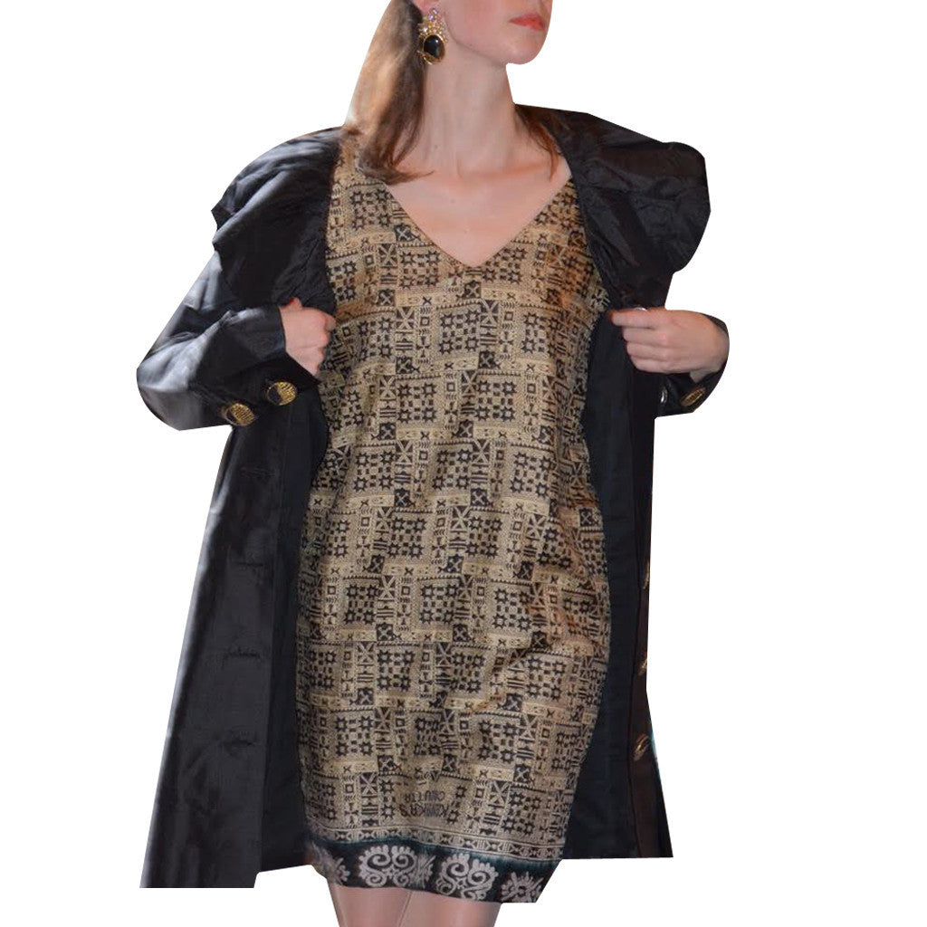 Tantric Black and Beige Print Upcycled Sari Silk Dress - Shubrah