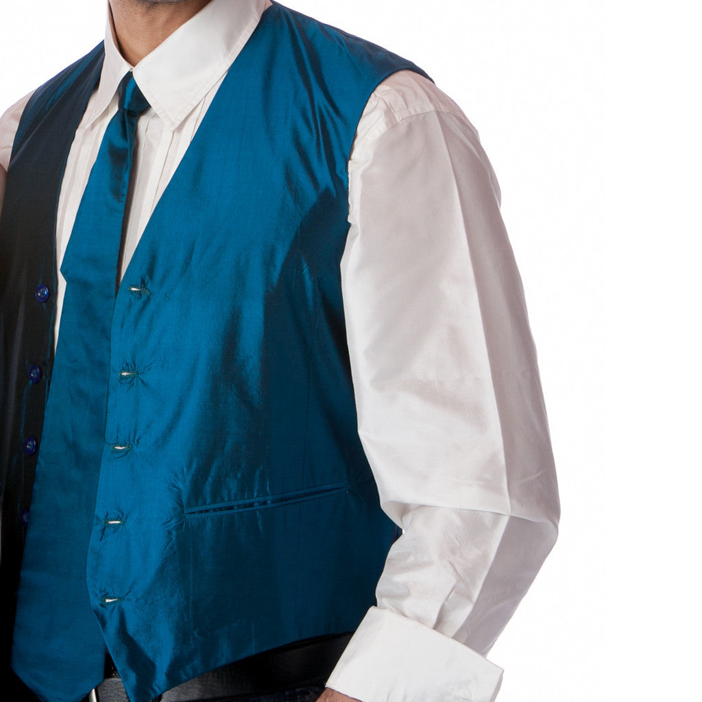 Blue silk groom vest & tie combo - Shubrah