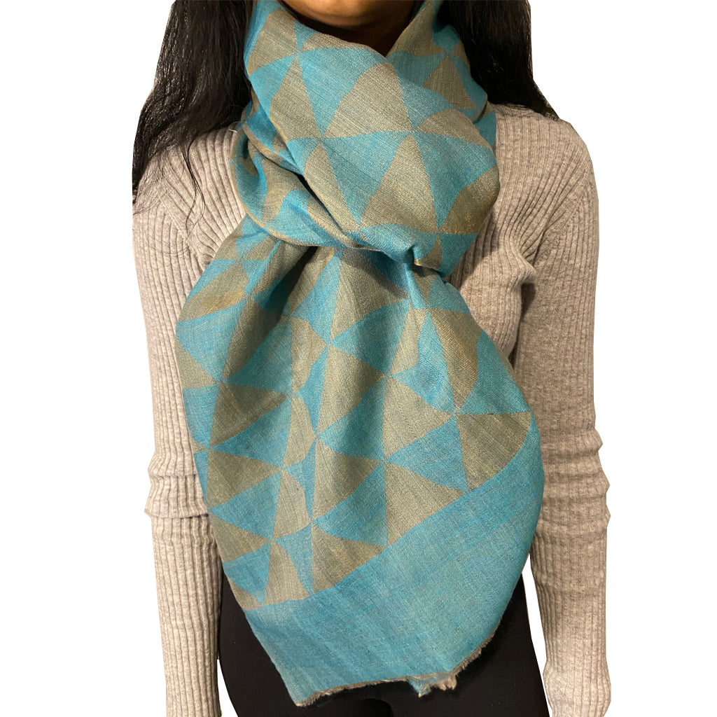 Cape Cod Turq and Gold Triangle Woven Cashmere Stole