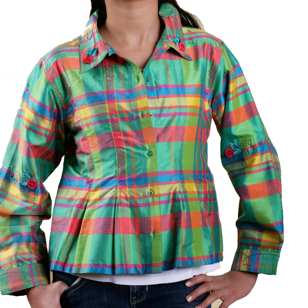 Festive Girls Green Plaid Silk Shirt - Shubrah