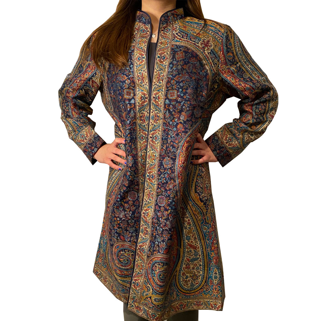 Ganga Blue Jamavaar Cashmere Fine Wool Long Jacket