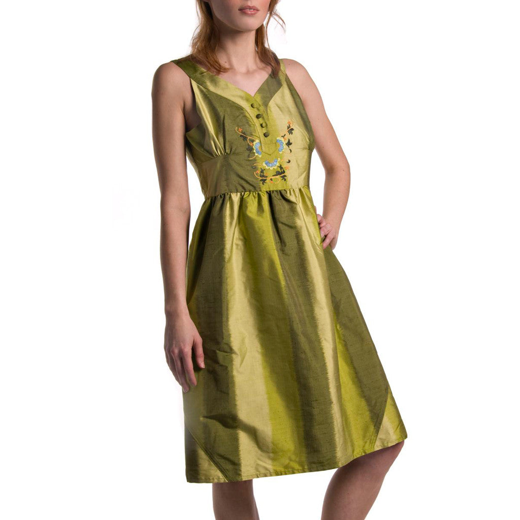 Garden Green Ombre Silk Embroidered Dress - Shubrah