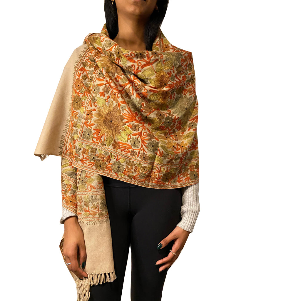 Jantar Mantar Tan Wool Stole with Orange accent Floral Crewel embroidery