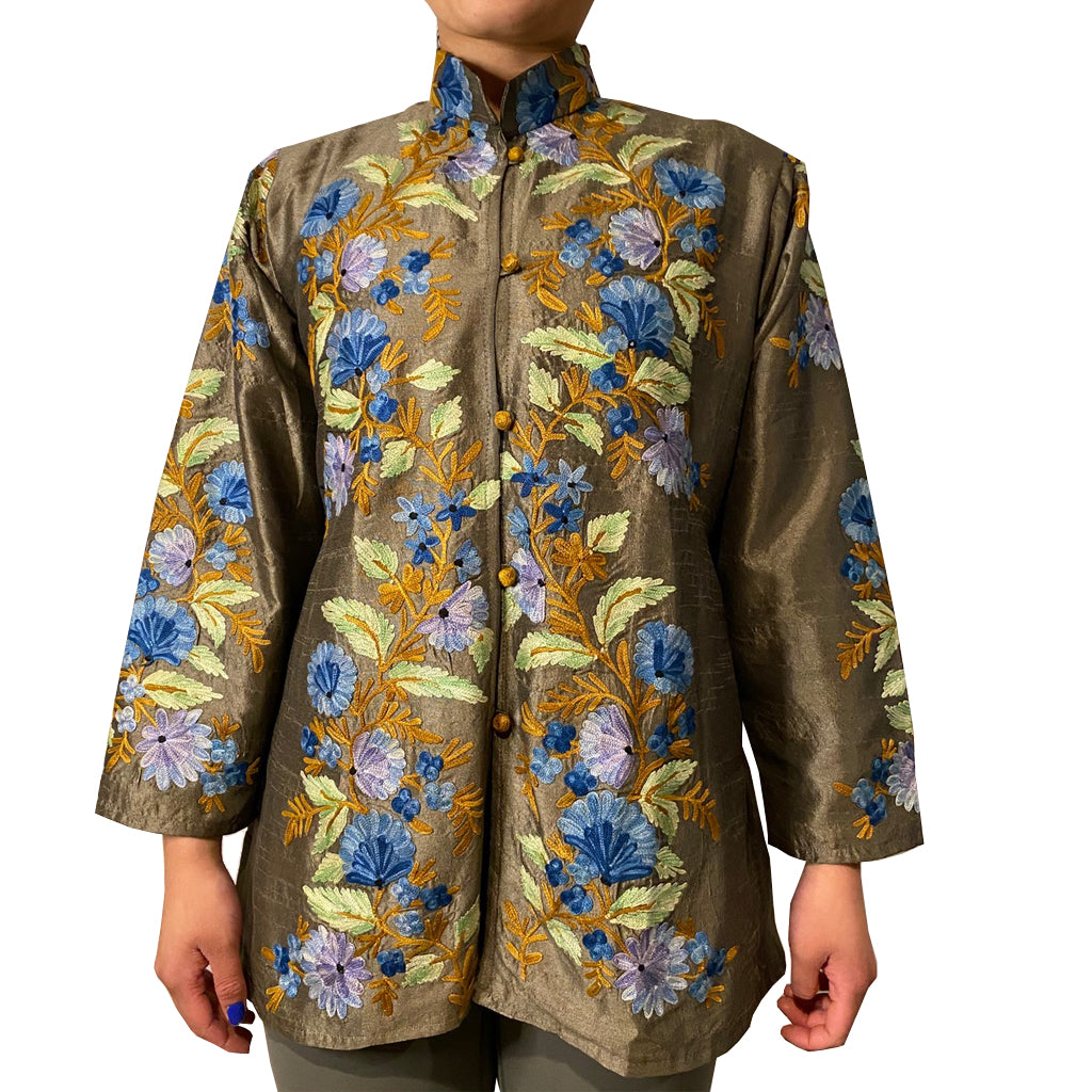 Kerala Olive Bamboo Silk Floral Embroidered Jacket