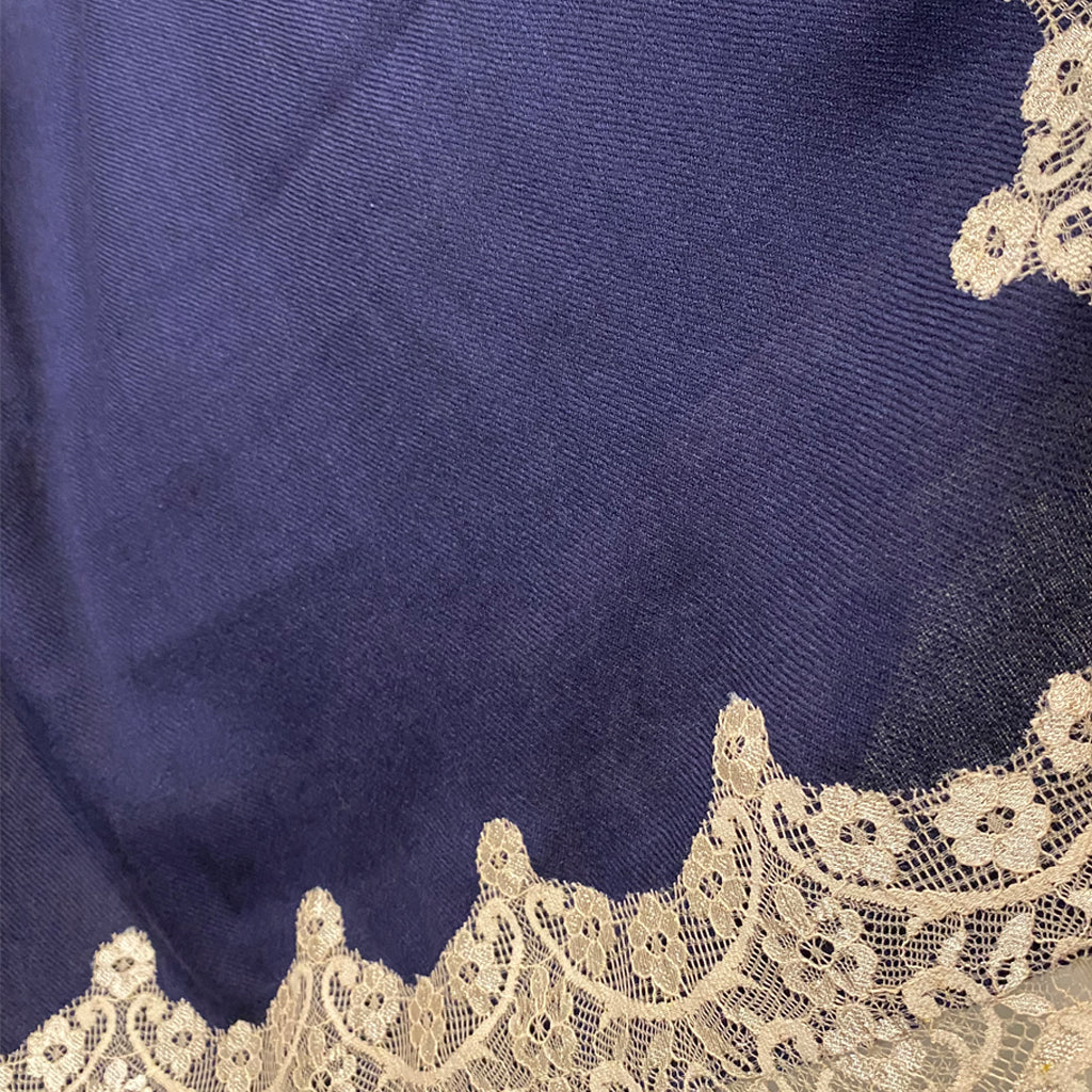 Midnight Blue Pashmina Large Shawl with Chantilly Lace edge