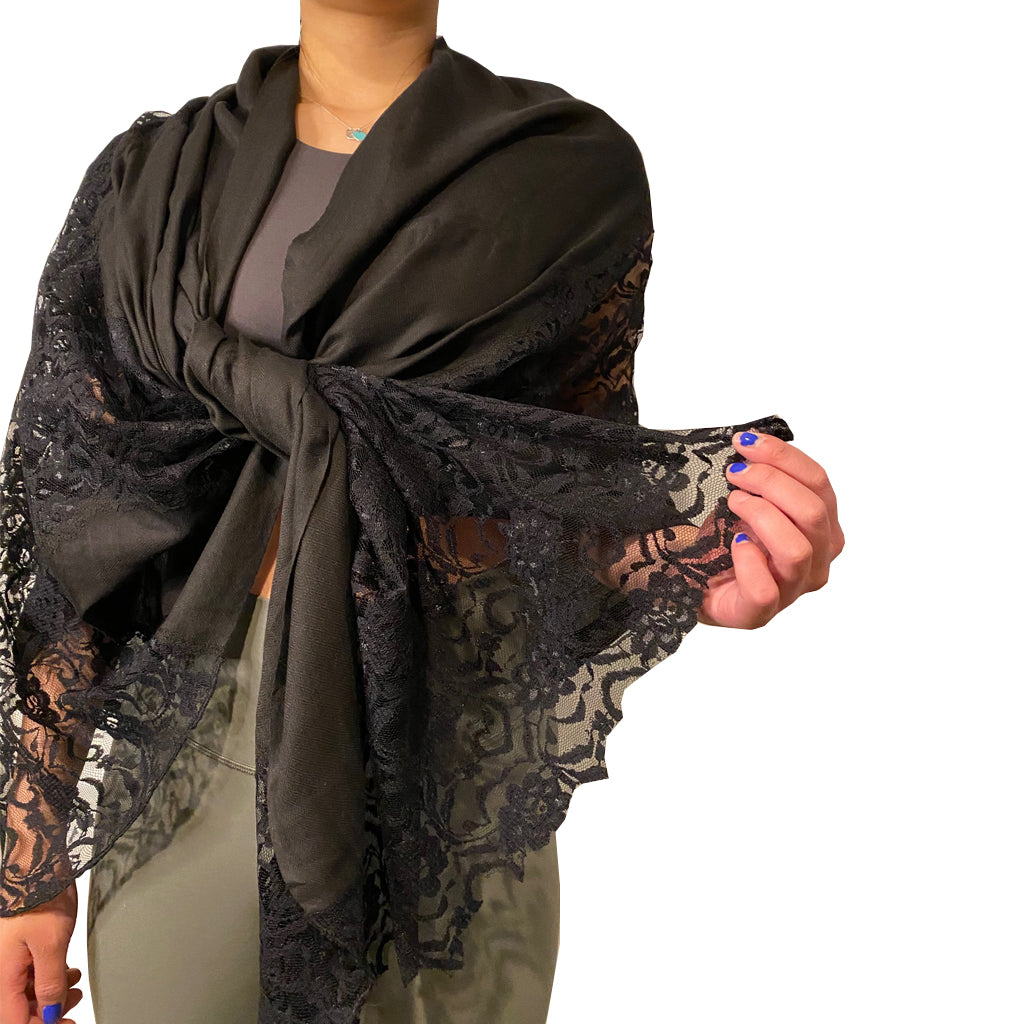 Mumbai Nights Black Pashmina Stole with Black lace insert