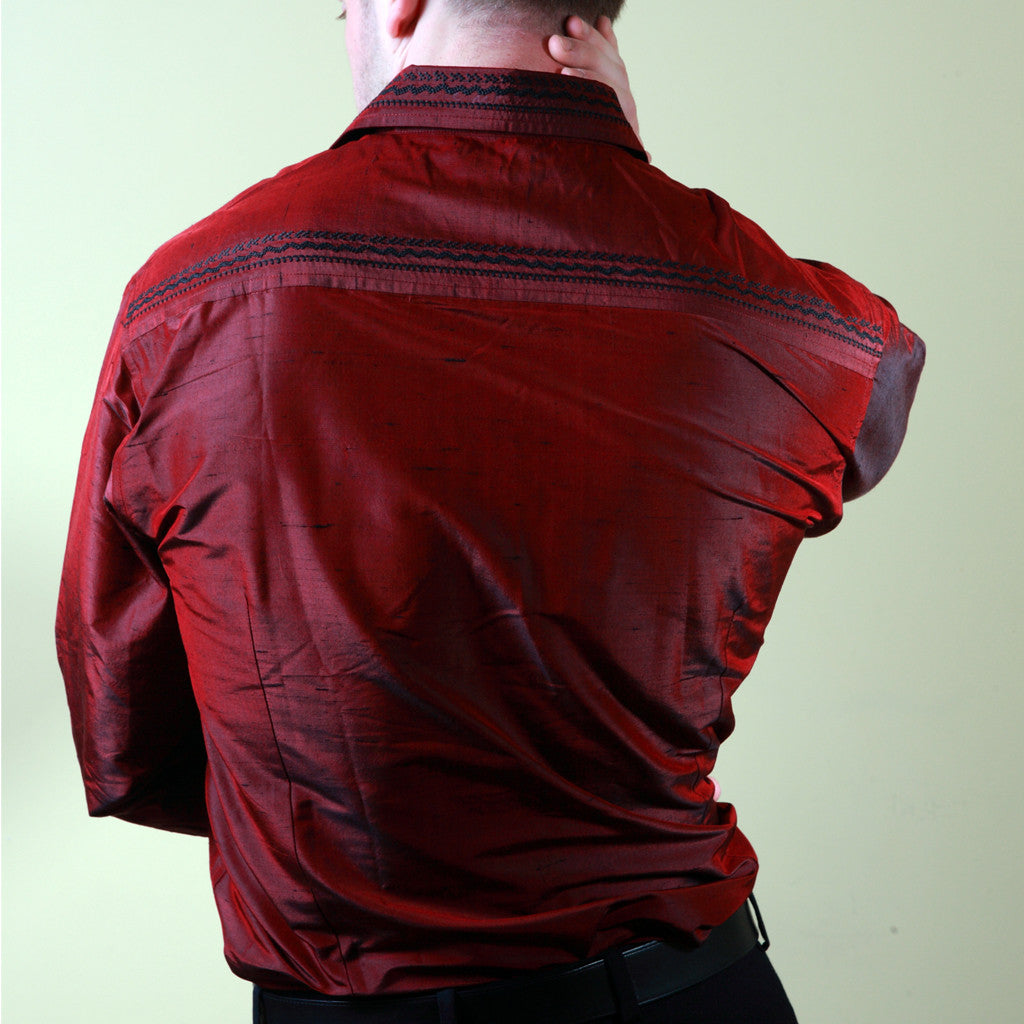 Nawab Red Embroidered Mens Silk Shirt - Shubrah