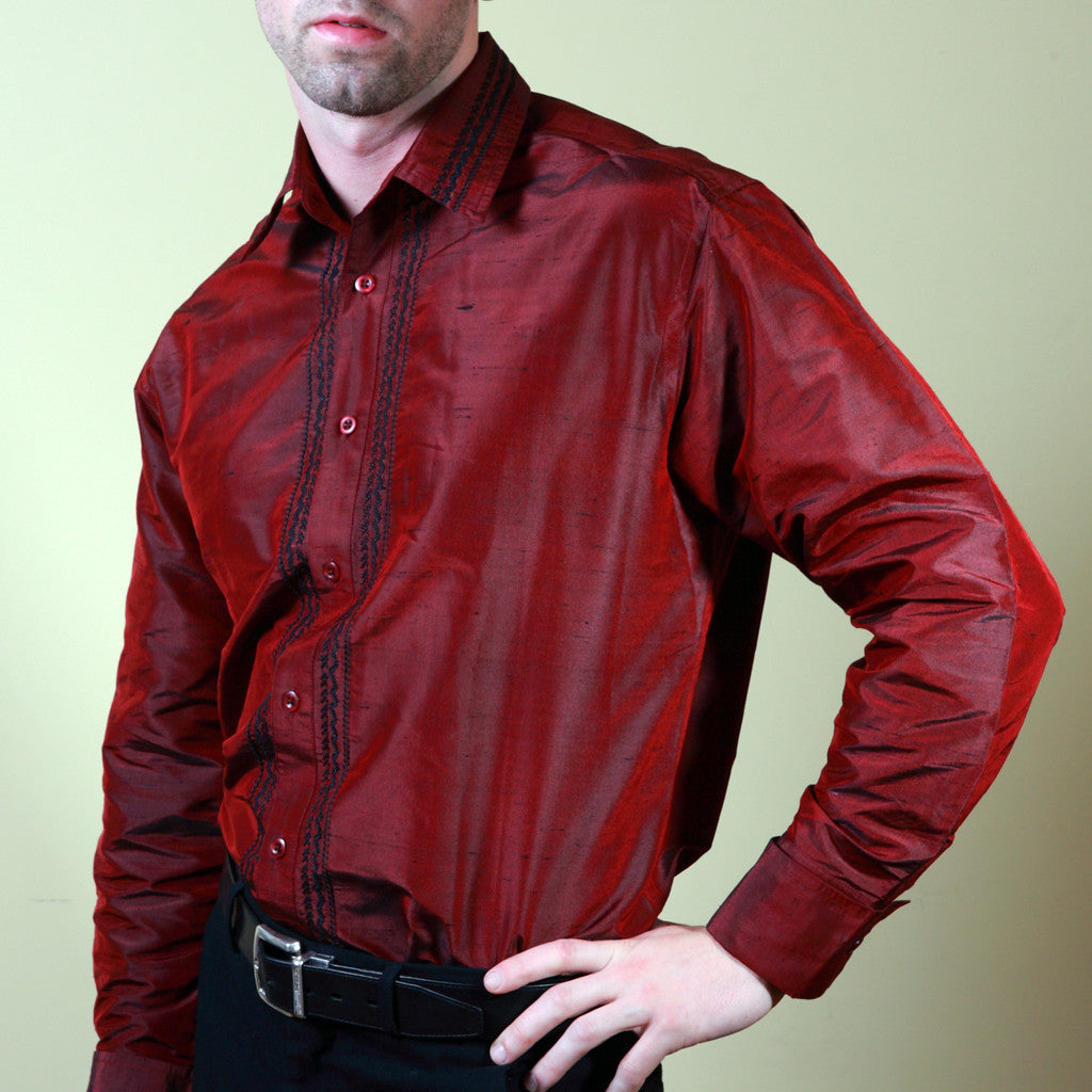 Nawab Red Embroidered Mens Silk Shirt - Shubrah