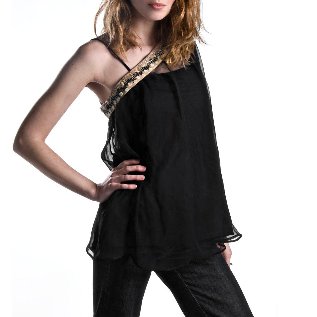 Indian Summer Black One Shoulder Chiffon Top - Shubrah