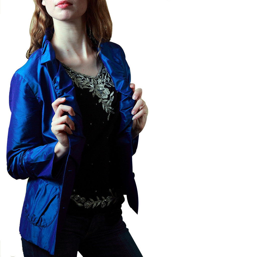 Peacock Blue Crop Silk Jacket - Shubrah