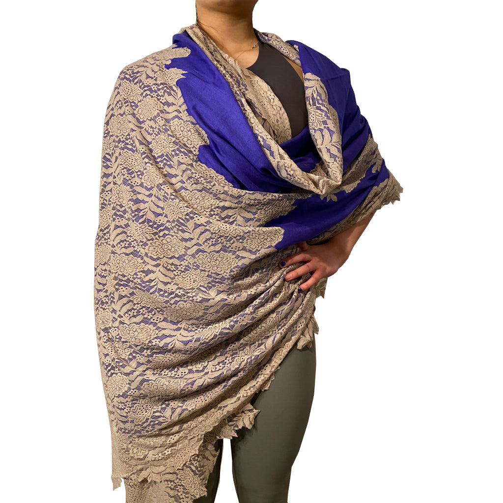 Royal Rani Purple Pashmina Shawl with Tan Lace Insert