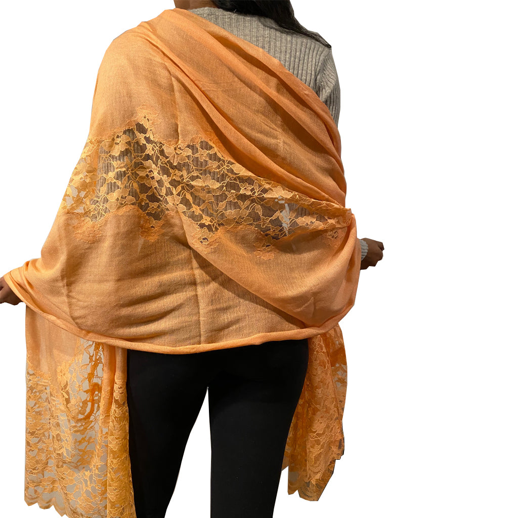 Sadhu Saffron Pashmina Stole with Orange lace insert