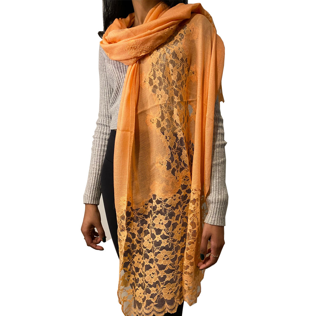 Sadhu Saffron Pashmina Stole with Orange lace insert