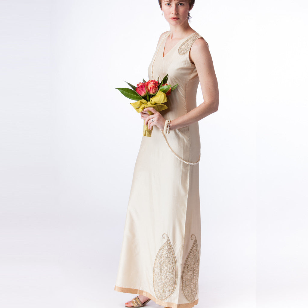Sona Ambi Cream Silk Bridal Dress with Gold Embroidery - Shubrah