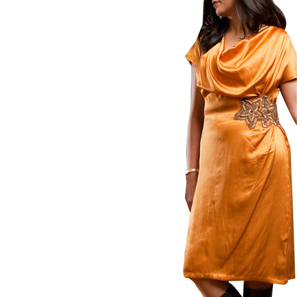 Spice Root Golden Cowl Neck Silk Dress - Shubrah