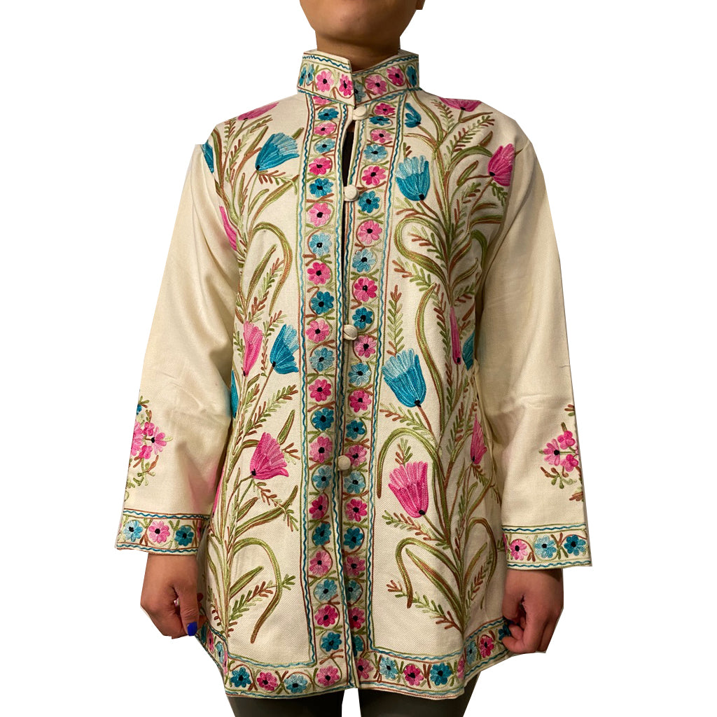 Taj Mahal Cream Floral Wool Embroidered Jacket