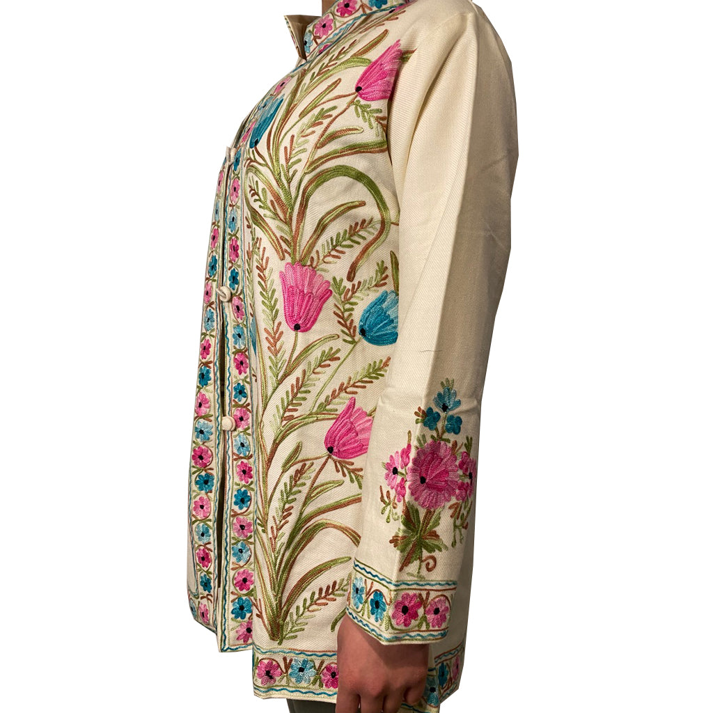 Taj Mahal Cream Floral Wool Embroidered Jacket